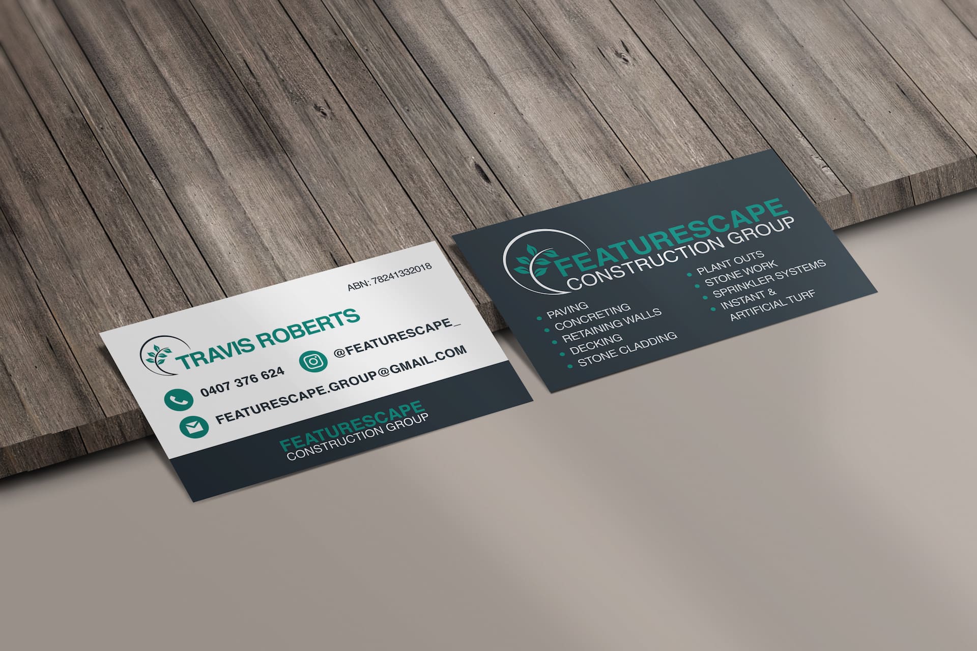 Featurescape Construction Group branding and business cards, designed by Spacey Studios