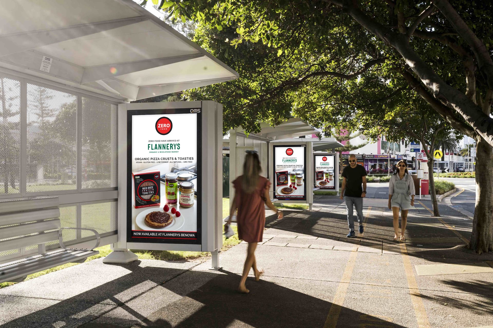 Graphic Design for Zero Superfoods, Designed by Spacey Studios. Bus Shelter to promote products in Flannery's grocery stores in Gold Coast, Queensland, Australia.